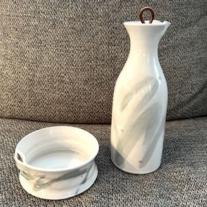 Handmade, signed pottery Carafe and dish